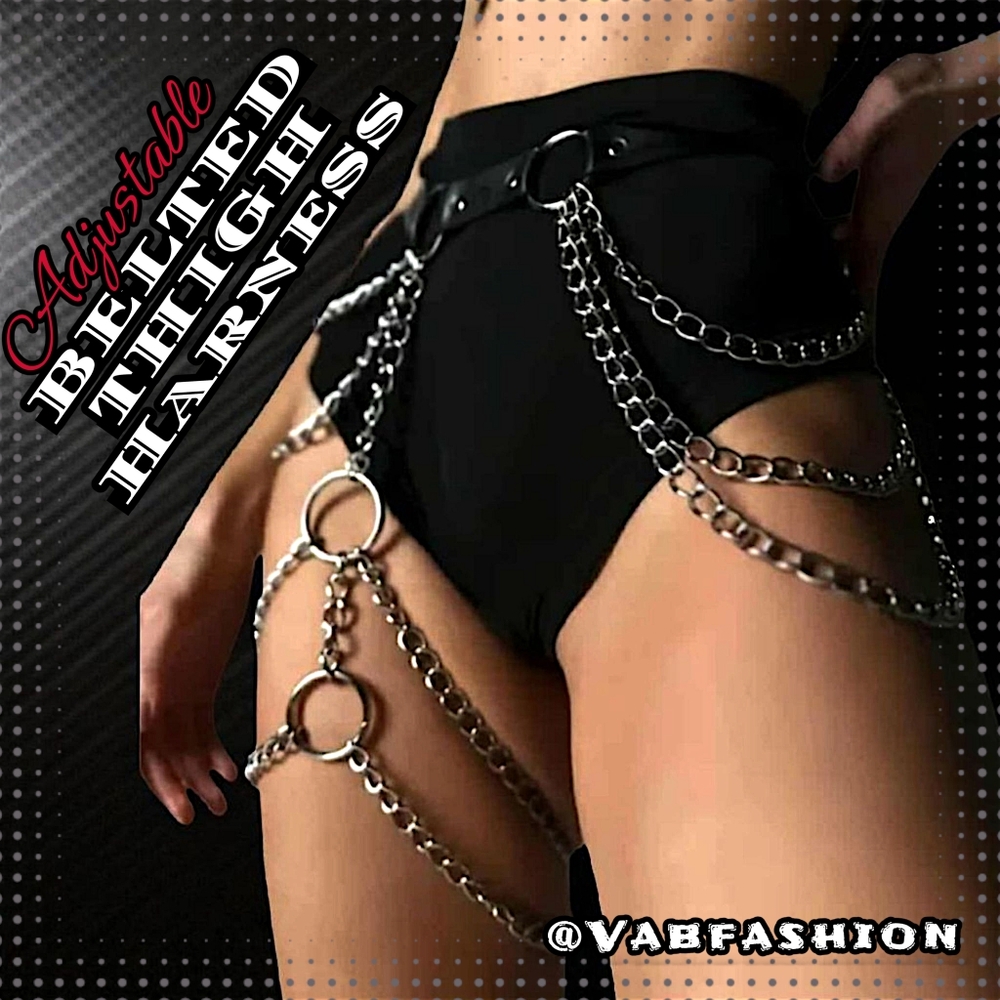 Edgy Vegan Leather Multi-layer Thigh Garter & Waist Harness with Silver Chains